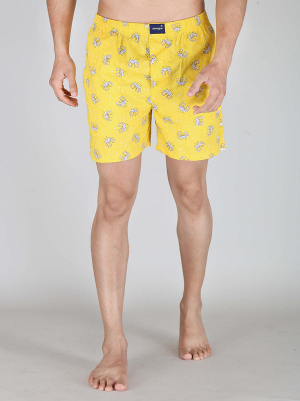 Beer Printed Yellow Cotton Boxer For Men