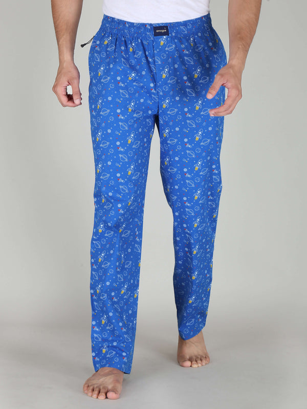 Rocket Printed Classic Blue Cotton Pajamas For Men