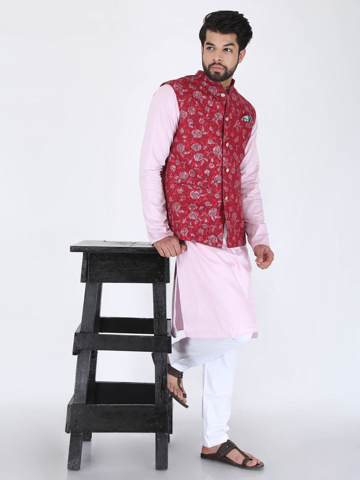 Model wearing mens Red Pink Flower Ethnic Jacket above pink kurta and white pyjama