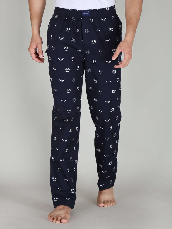 Navy Funky Cool Face Printed Cotton Pajamas For Men