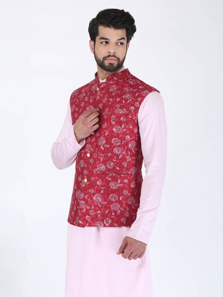 Side view of men wearing Red Pink Flower Ethnic Jacket