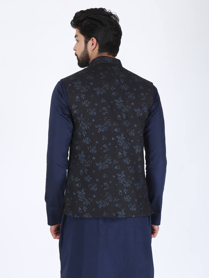 Back view of Black Blue Flower Ethnic Jacket
