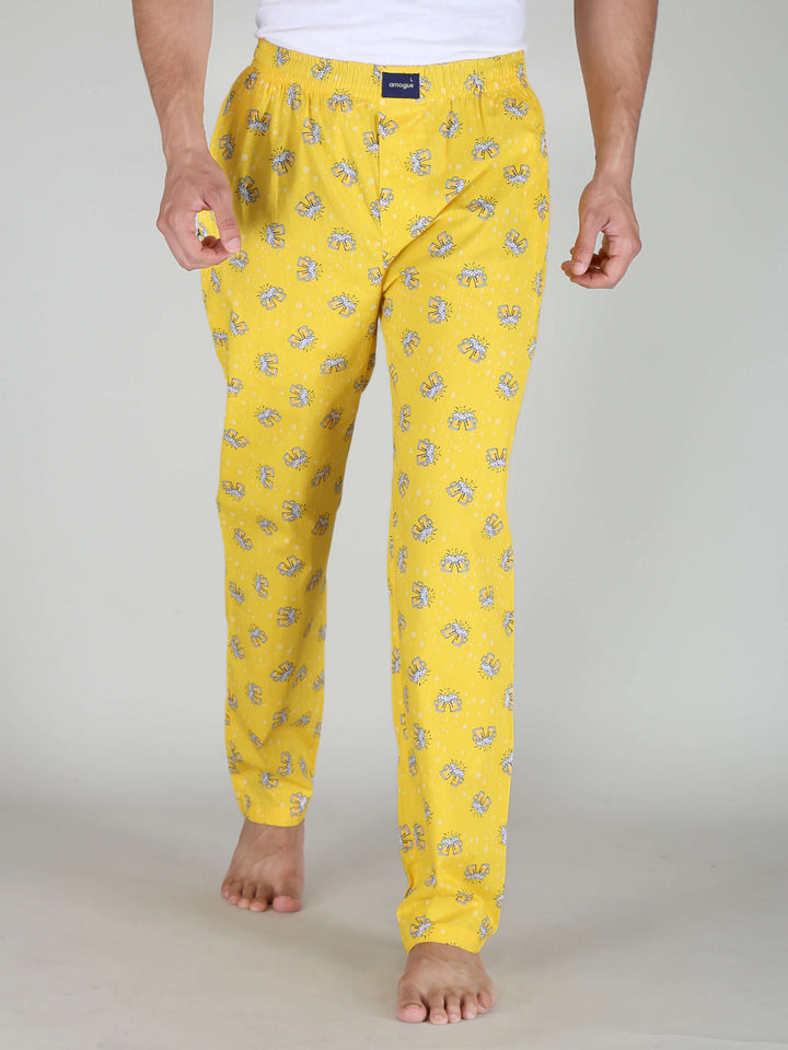 Beer Printed Yellow Cotton Pajama For Men