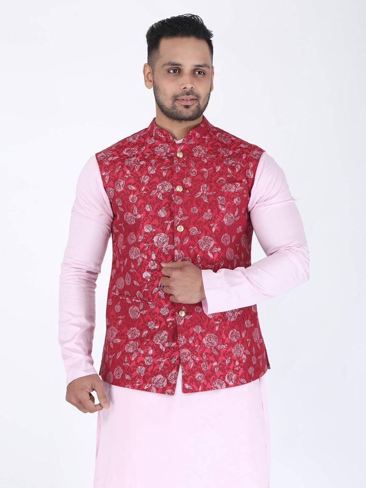Red Pink Flower Work Nehru Jacket | Amogue
