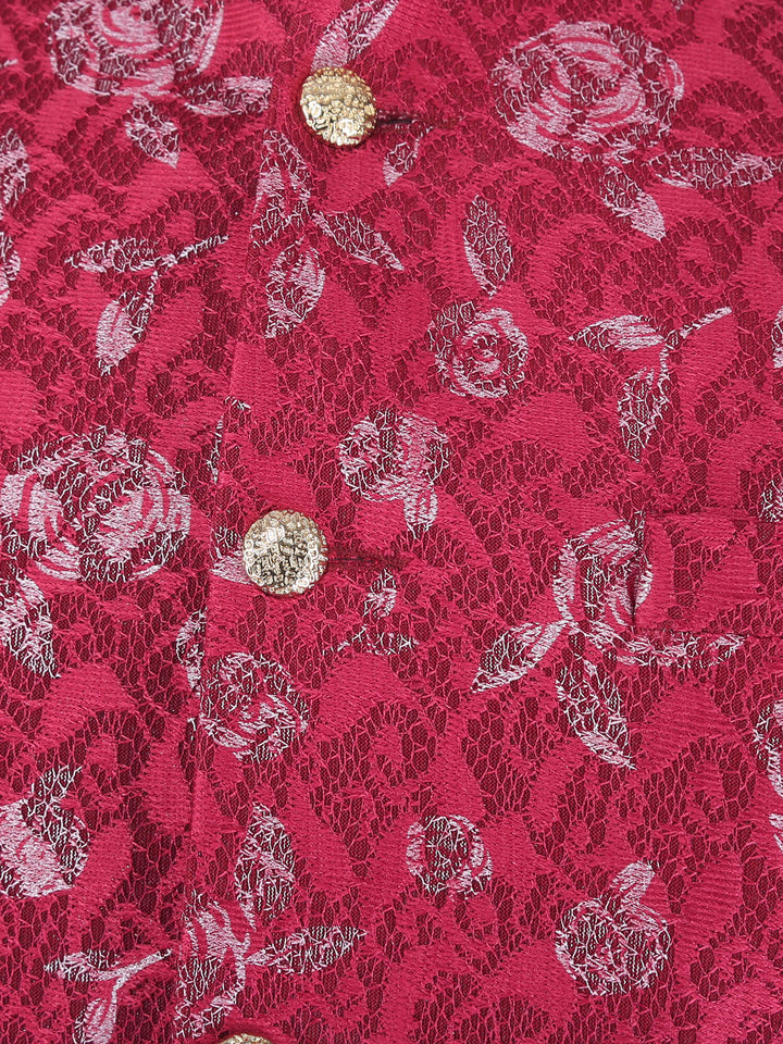 Close up view of Red Pink Flower Work Nehru Jacket | Amogue