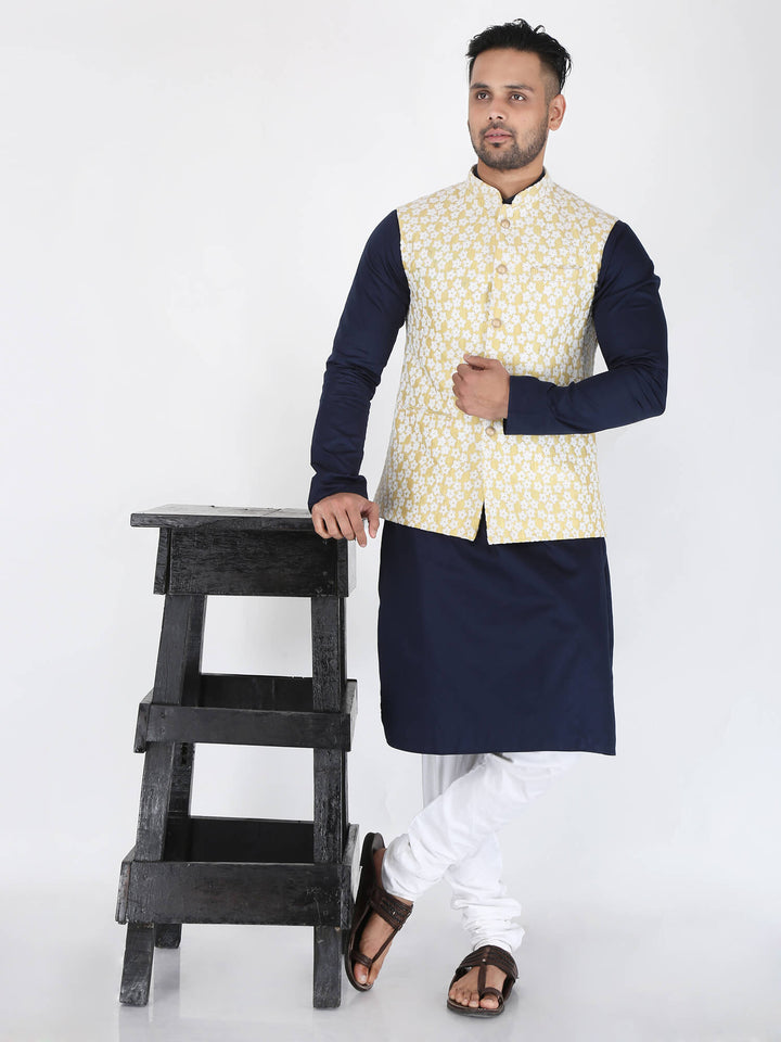 Model Wearing Yellow White Flower Work Nehru Jacket on Blue & White Kurta Pyjama