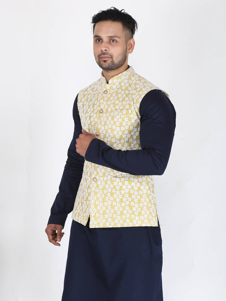 Different Angled View of Yellow White Flower Work Nehru Jacket | Amogue