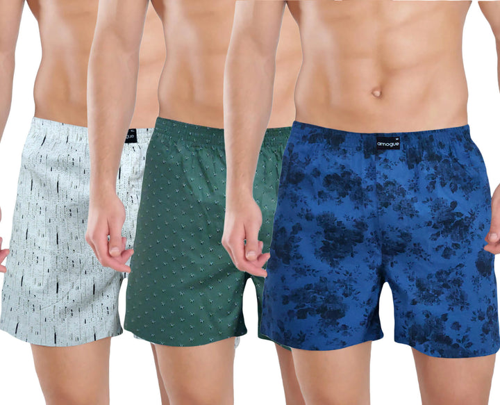 Cream, Green & Navy Quirky Printed Boxers For Men