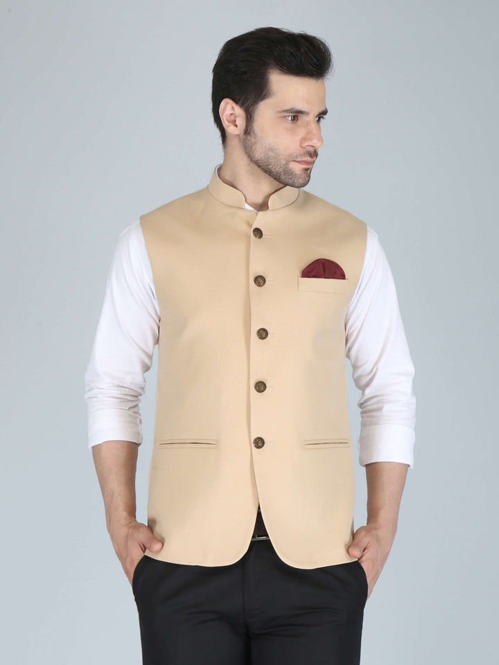 Solid Beige Casual Nehru Jacket For Men
