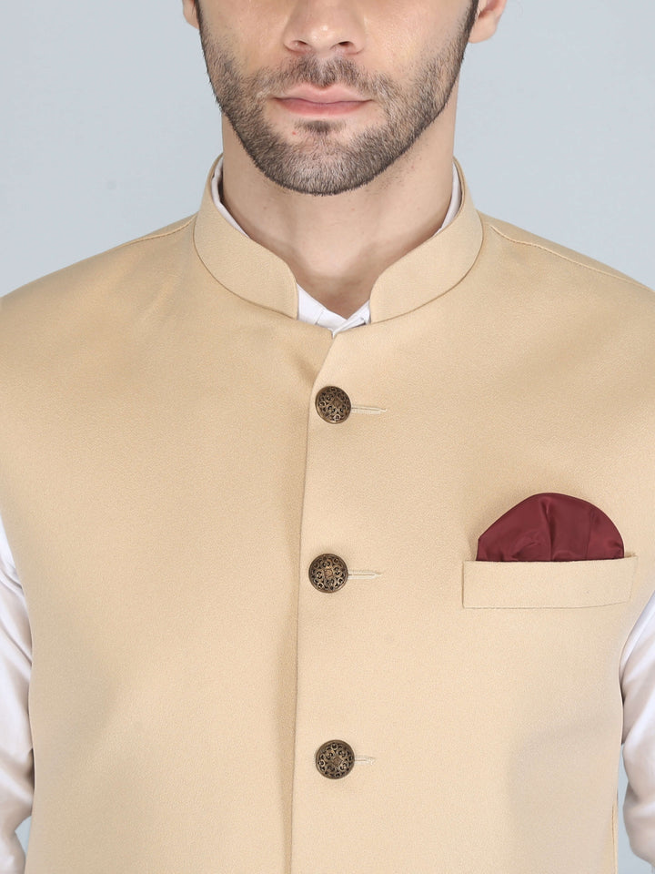 Solid Beige Casual Nehru Jacket For Men