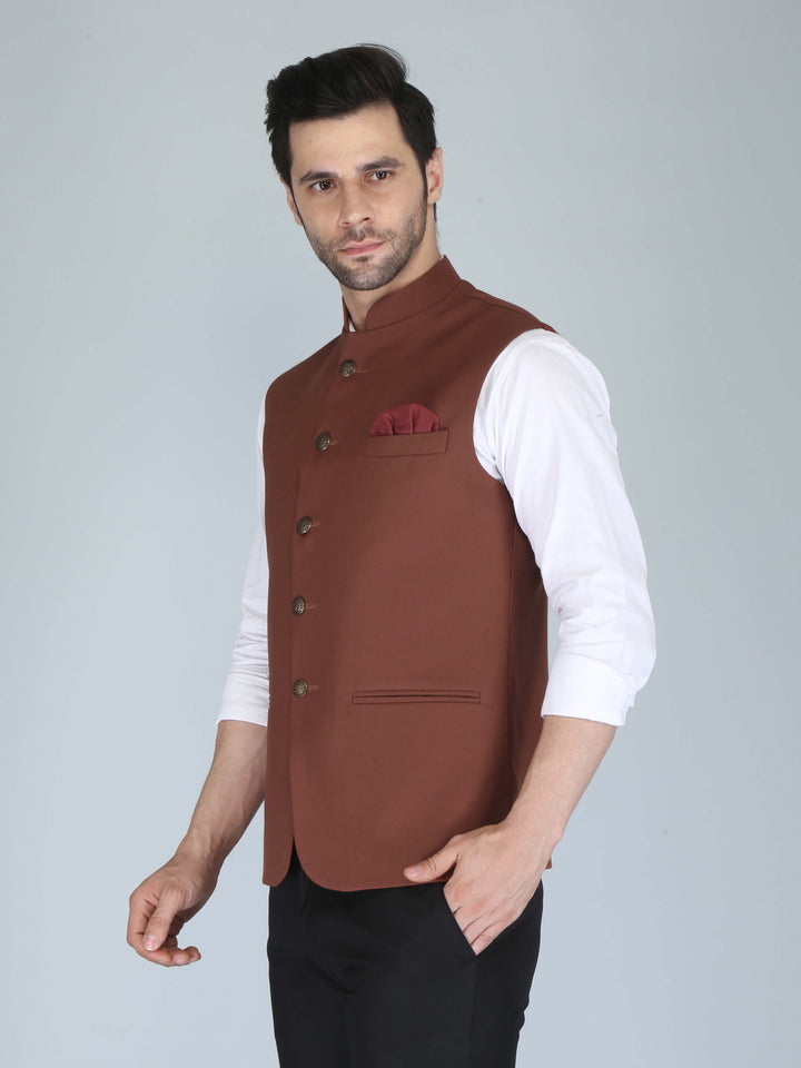 Solid Brown Casual Nehru Jacket For Men
