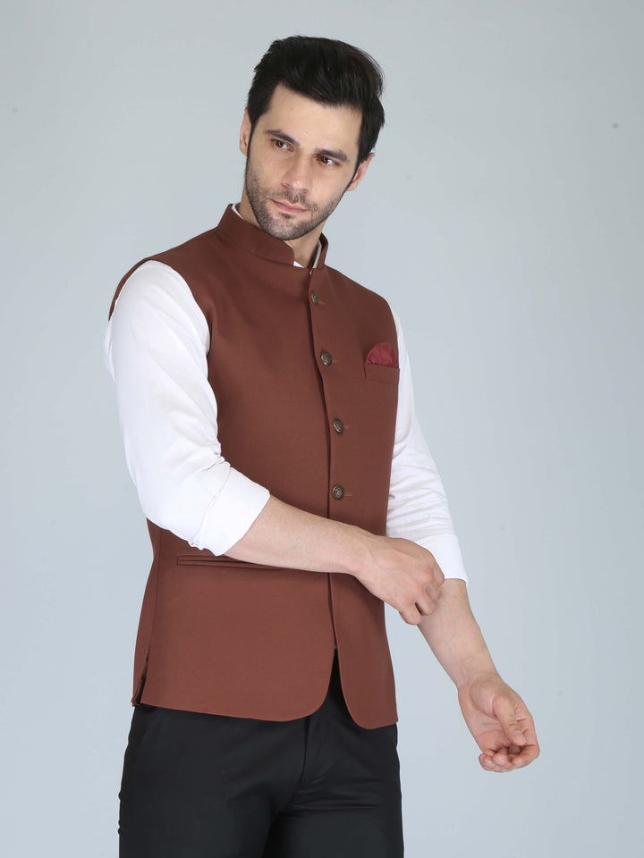 Solid Brown Casual Nehru Jacket For Men