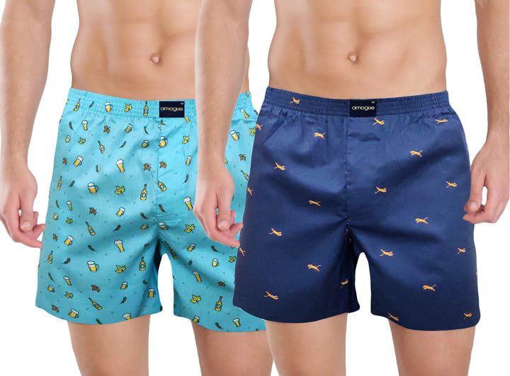 Sky Blue & Navy Funky Printed Cotton Boxers | Amogue