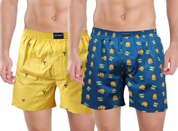 Yellow & Navy Printed Mens Cotton Boxers(Pack of 2) | Amogue