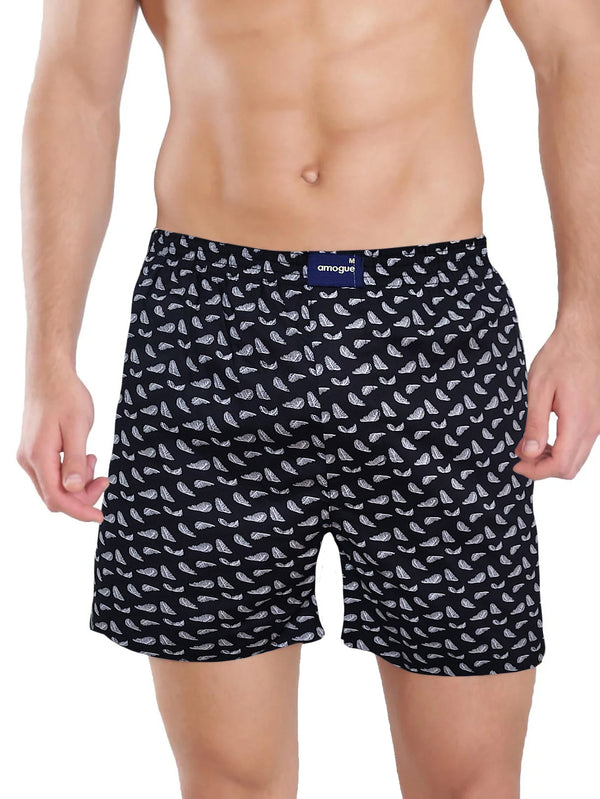 Black Feather Printed Cotton Boxer Shorts For Men