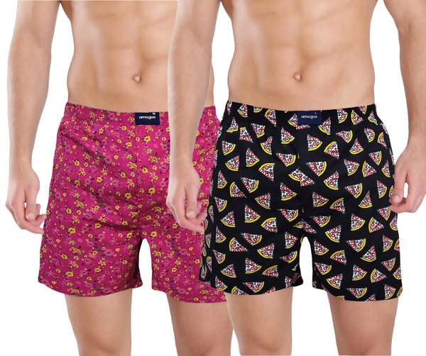 Pink Flower and Black Pizza Printed Cotton Boxers for Men
