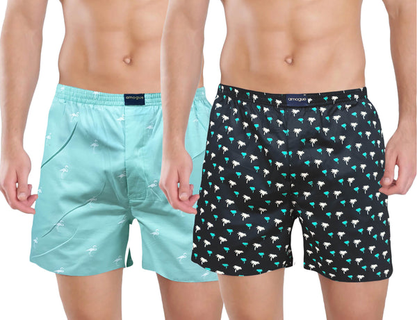 Turquoise & Black Printed Cotton Boxers For Men(Pack of 2)