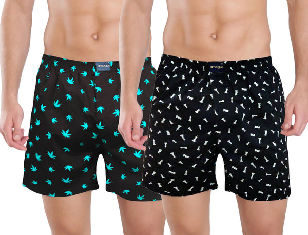 Black Abstract Printed Pack Of 2 Men Cotton Boxers | Amogue