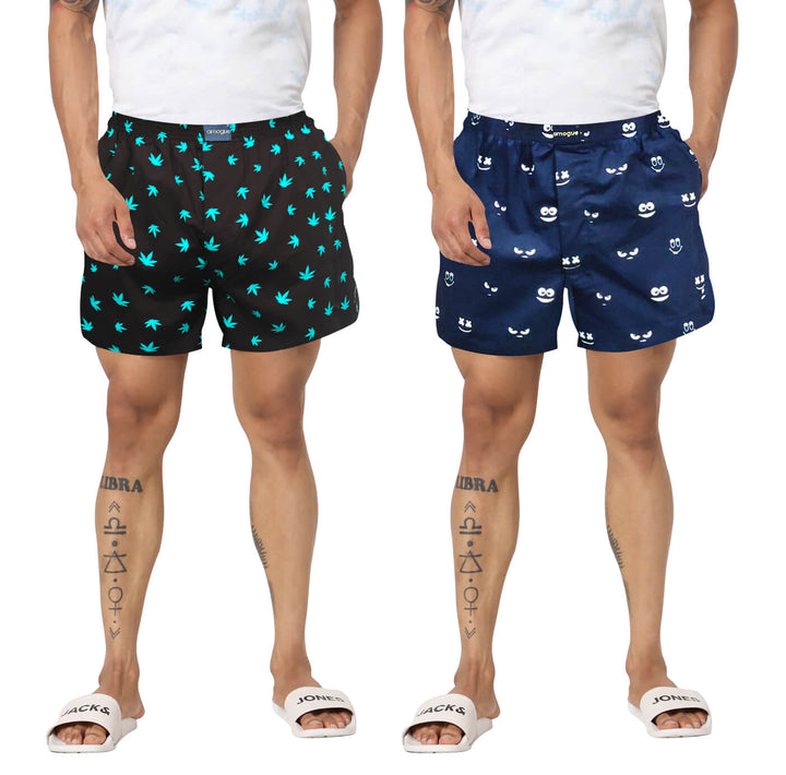 Black & Navy Face Printed Cotton Boxers For Men