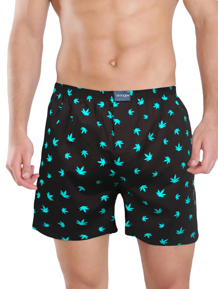 Black Weed Printed Cotton Boxer For Men