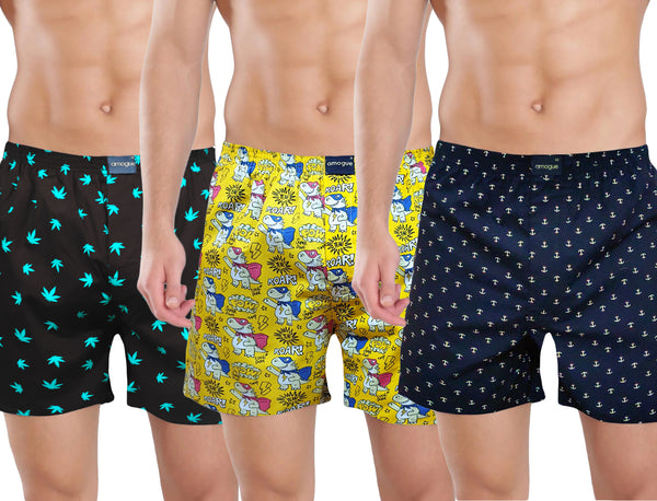 Black, Yellow & Navy Cotton Boxers Combo For Men | Amogue