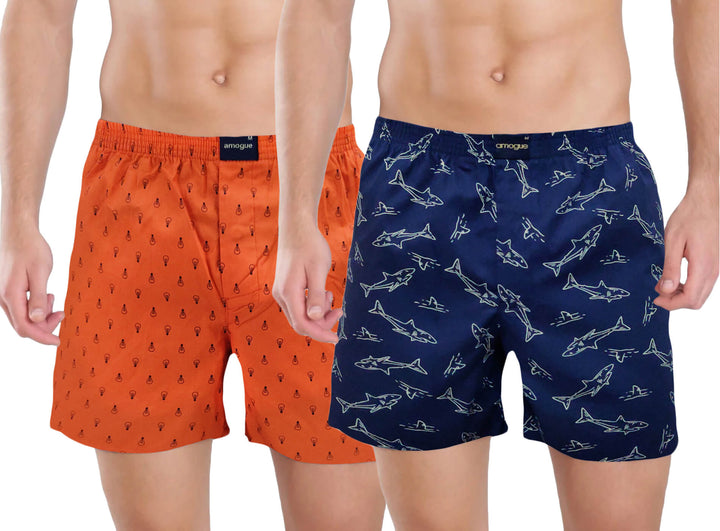 Orange & Navy blue Printed Cotton Boxers For Men(Pack of 2) | Amogue