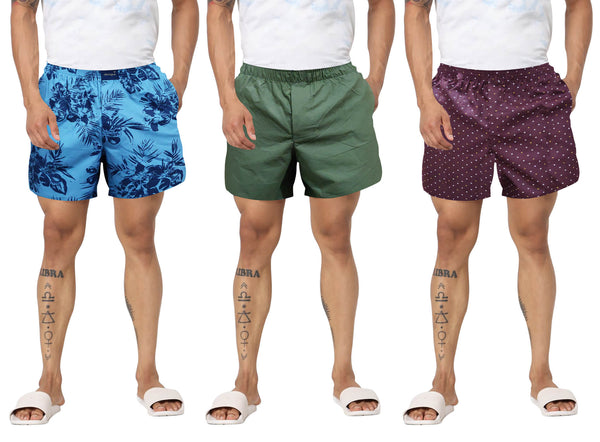 Blue, Olive, & Maroon Printed Cotton Boxers For Men