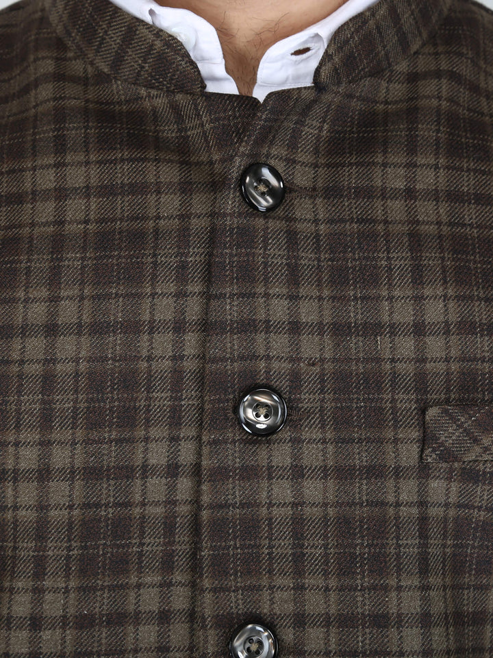 Brown Woolen Tweed Nehru Jacket - Close Up View