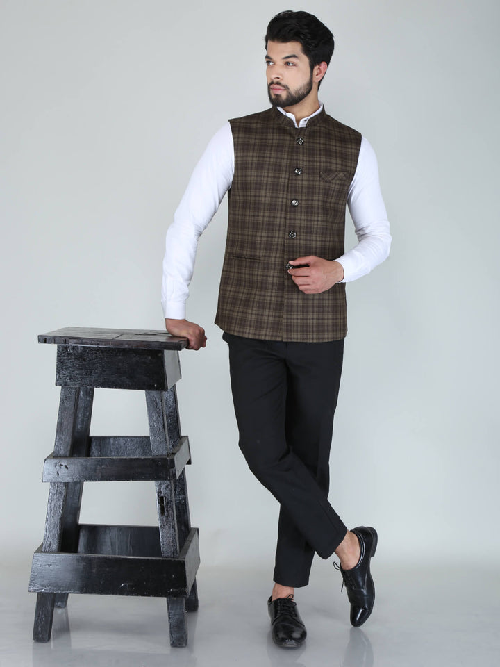 Brown Woolen Tweed Nehru Jacket - Complete View