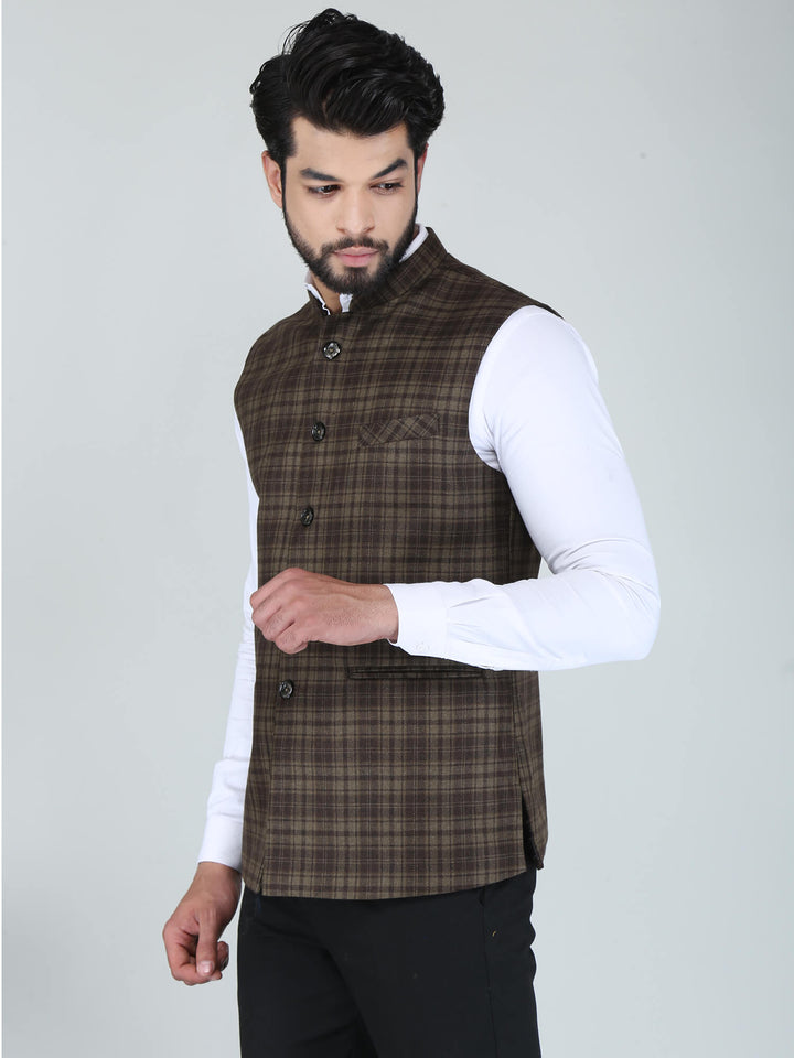 Brown Woolen Tweed Nehru Jacket - Side View