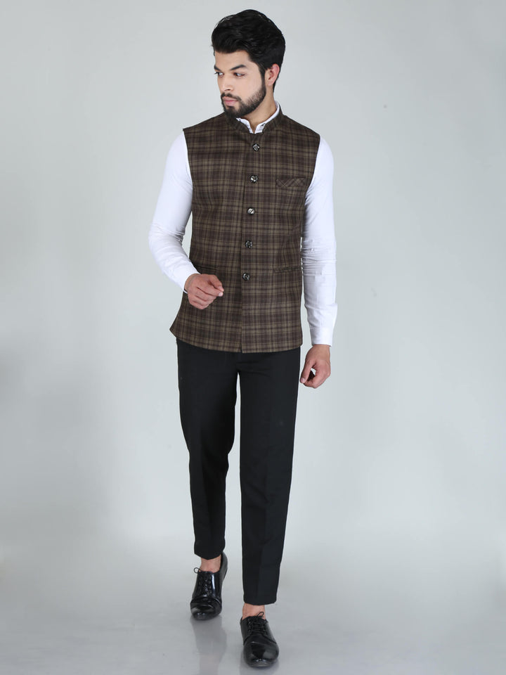 Flawless Brown Woolen Tweed Nehru Jacket
