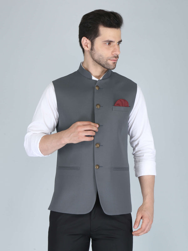 Solid Charcoal Grey Nehru Jacket For Men
