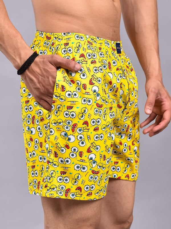 Yellow Spongebob Printed Cotton Boxer Shorts For Men