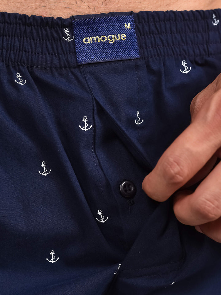 Navy Sea Hook Printed Cotton Boxer Shorts For Men