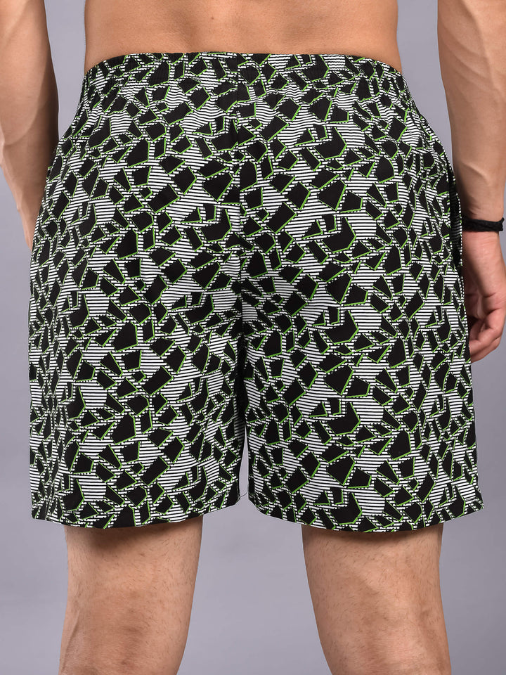 Black Geometric Printed Cotton Boxer Shorts For Men
