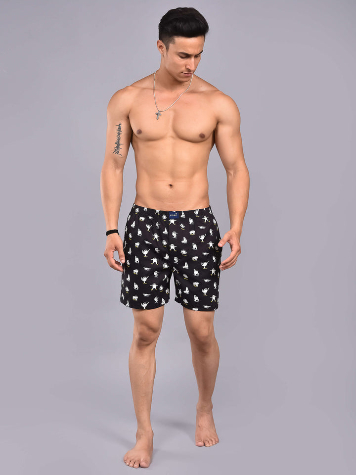 Black Yoga Printed Cotton Boxer Shorts For Men
