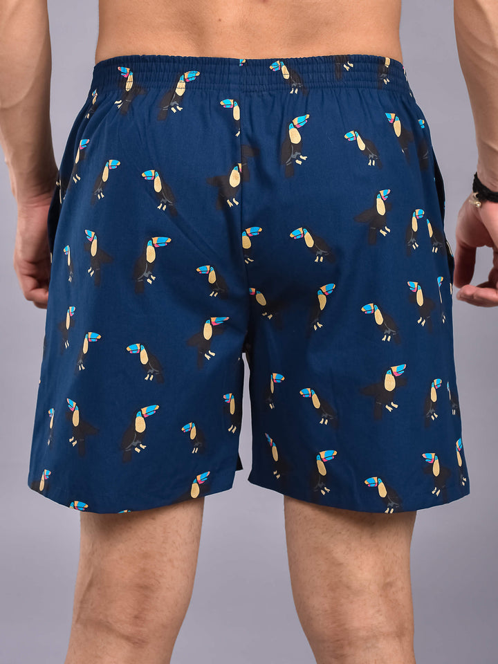 Blue Parrot Printed Cotton Boxer Shorts For Men