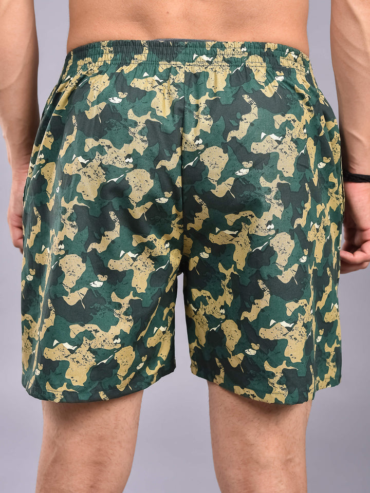 Green Cream Camo Printed Cotton Boxer Shorts For Men