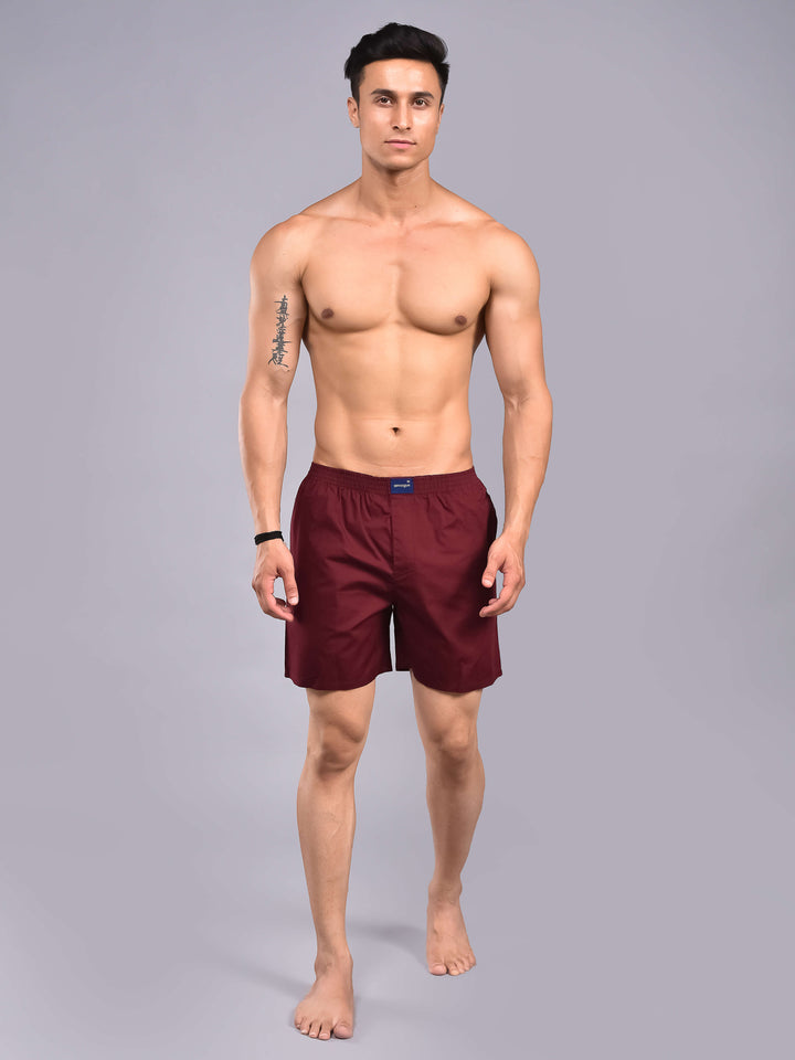 Wine Solid Cotton Boxer Shorts For Men with Side Pockets