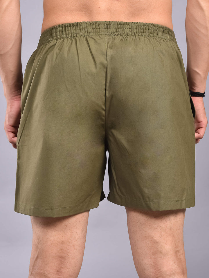 Olive Solid Cotton Boxer Shorts For Men with Side Pockets