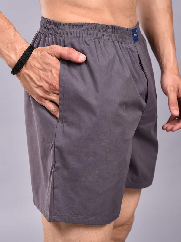 Grey Solid Cotton Boxer Shorts For Men with Side Pockets
