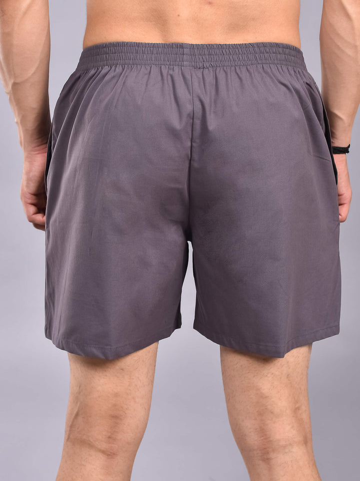 Grey Solid Cotton Boxer Shorts For Men with Side Pockets