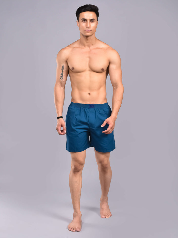 Rama Blue Solid Cotton Boxer Shorts For Men with Side Pockets