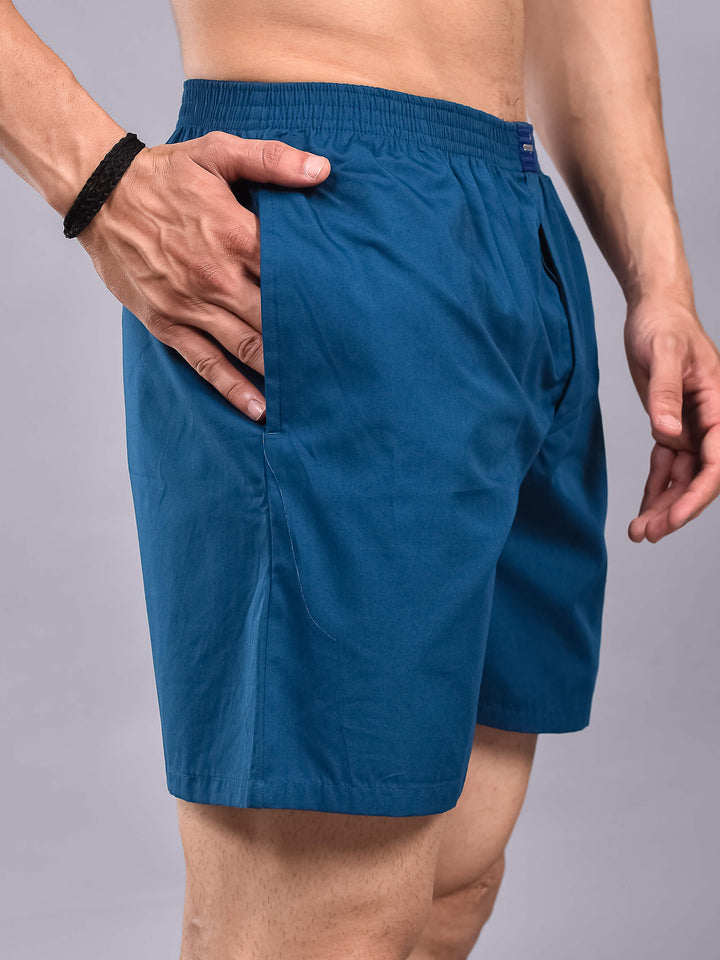 Rama Blue Solid Cotton Boxer Shorts For Men with Side Pockets