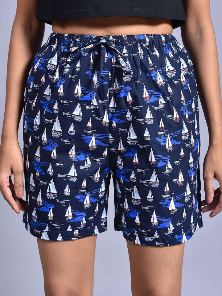 Navy Boat Printed Cotton Boxers for Women