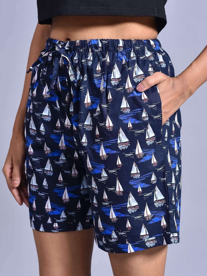 Navy Boat Printed Cotton Boxers for Women