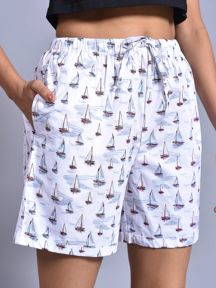 White Boat Printed Cotton Boxers for Women