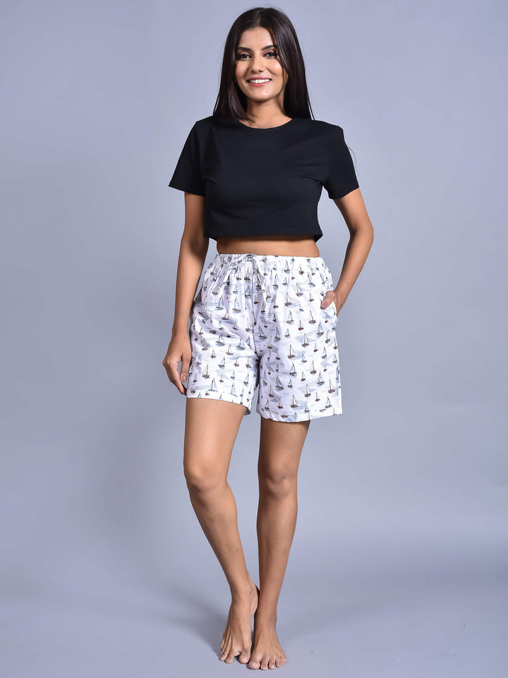 White Boat Printed Cotton Boxers for Women