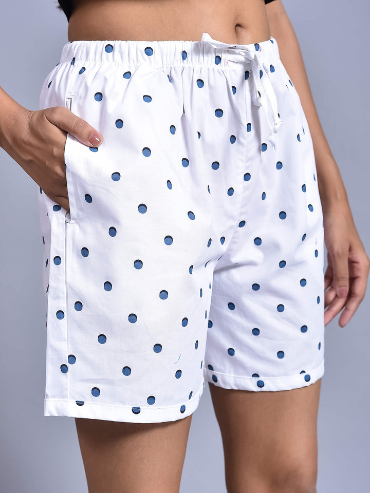 White Navy Dot Printed Cotton Boxers for Women
