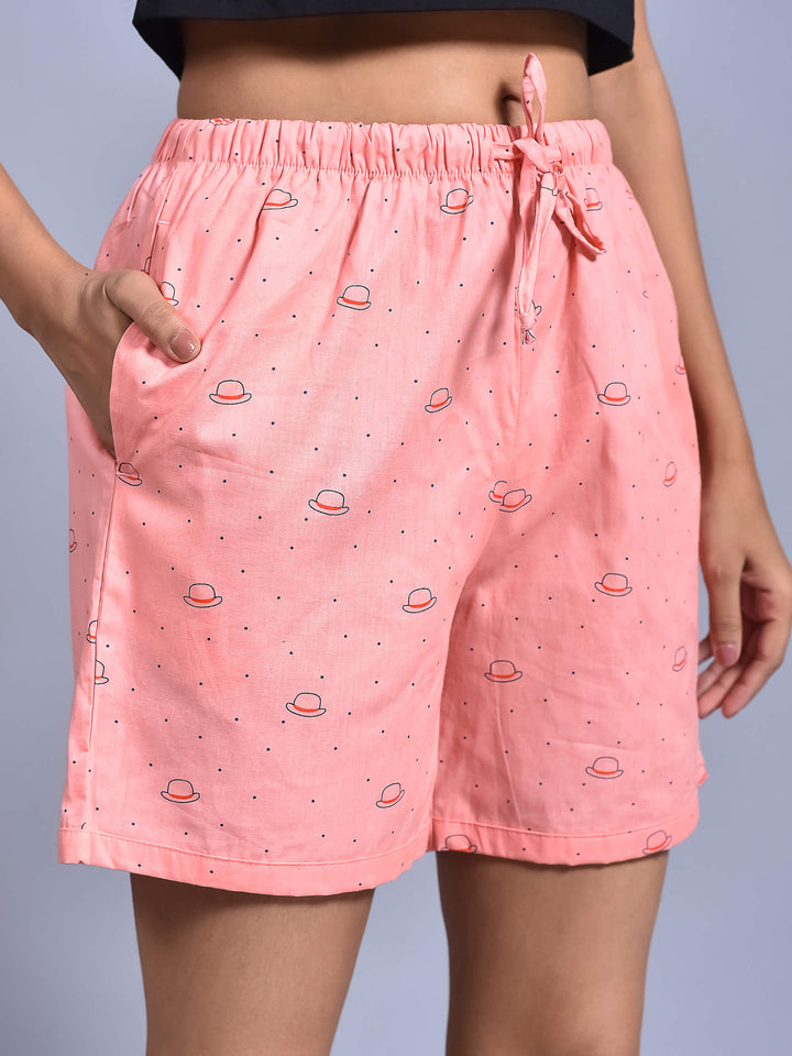 Pink Cap Printed Cotton Boxer Shorts for Women with side pockets